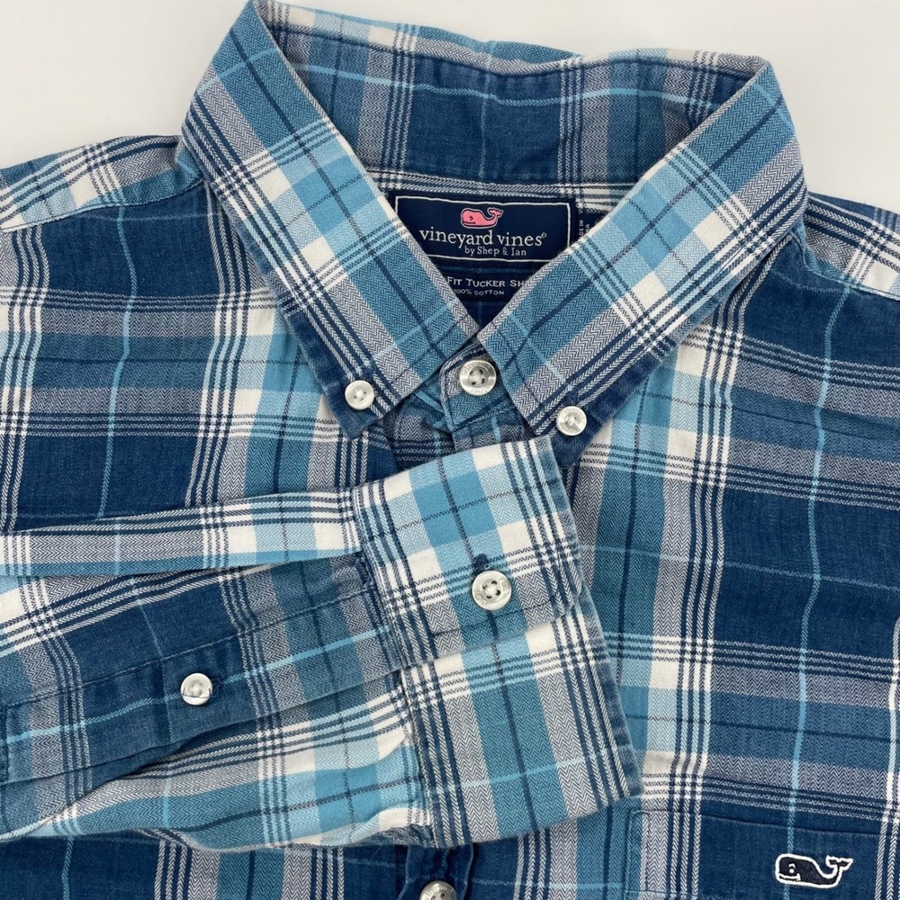 Vineyard Vines Men's Slim Fit Tucker Shirt Blue Plaid Cotton Button Down L